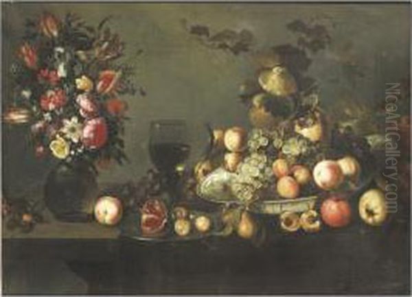 Nature Morte Au Bouquet De Fleurs, Plat De Fruits Et Roemer - view 1