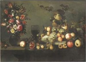 Nature Morte Au Bouquet De Fleurs, Plat De Fruits Et Roemer by Michiel Simons