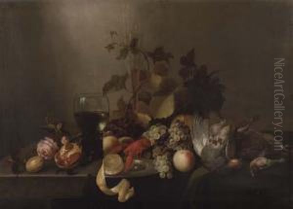 A Rose, A Pomegranate, A Glass 
Flute, Grapes, A Partly Peeled Lemonon A Silver Plate, A Roemer, A 
Lobster, Peaches, A Pheasant Andother Birds On A Partly-draped Table - view 1