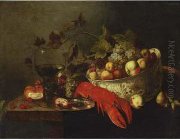 A Still Life With Grapes,
Apples, And Peaches In A Wan-li Bowl, A Lobster, Crayfish On A Pewter
Plate Together With A Roemer, A Bun, Grapes And Cherries On A Table
Draped With A Cloth - view 1