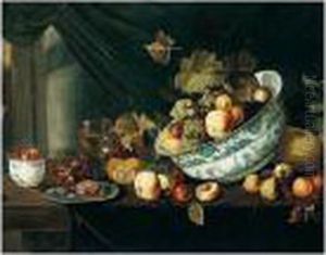Still Life With Fruit Tumbling From A Porcelain Bowl, On A Wooden Table