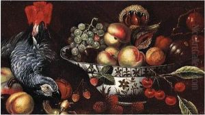 Still Life Of Peaches, Figs, 
Grapes And Plums In A Blue And White Porcelain Bowl, Together With Other
 Fruit And A Grey Parrot by Michiel Simons