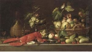 A Lobster, A Crab On A Pewter
Plate, A Bunch Of Grapes And A Fig In A Tazza, A Wicker Basket With
Fruit by Pseudo Simons