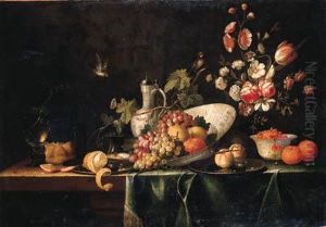 Grapes, Lemons And An Orange In A
Wan-li Dish, Fraises-des-bois Ina Klapmuts, Peaches And A Peeled Lemon,
An Oyster And A Prawn Onpewter Plates, A Bun, A Berkemeyer, Oranges, A
Salt Cellar, Anearthenware Jug And Flowers In A Vase On A Draped Table, Grapes, Lemons And An Orange In A
Wan-li Dish, Fraises-des-bois Ina Klapmuts, Peaches And A Peeled Lemon,
An Oyster And A Prawn Onpewter Plates, A Bun, A Berkemeyer, Oranges, A
Salt Cellar, Anearthenware Jug And Flowers In A Vase On A Draped Table,