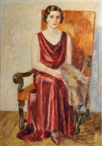 Portratt Av Dam I Rod Klanning, Signerad Simonsson, Daterad A Tergo 1931-32 by Birger Simonsson