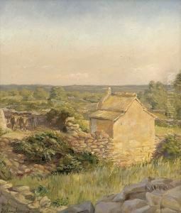 Blick In Weite Sommerliche Landschaft Mit Kleiner Bauernkate Vor Steinmauer.