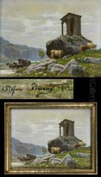 Dreispannige Kutsche Und Weidende Kuhe - view 1