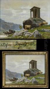 Dreispannige Kutsche Und Weidende Kuhe by Stefan Simony