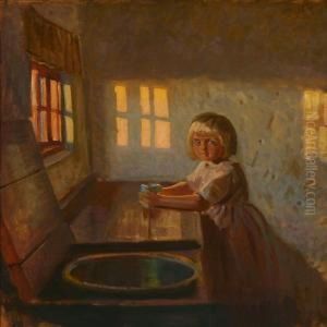 Interior With Girl In Apink Dress by Knud Sinding