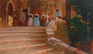 Plaudernde Kretische Frauen Vor Der Kirche by Knud Sinding