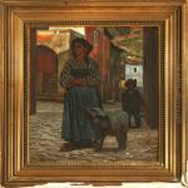 Street Scene With Italian Woman With A Black Pig In A Gateway - view 1