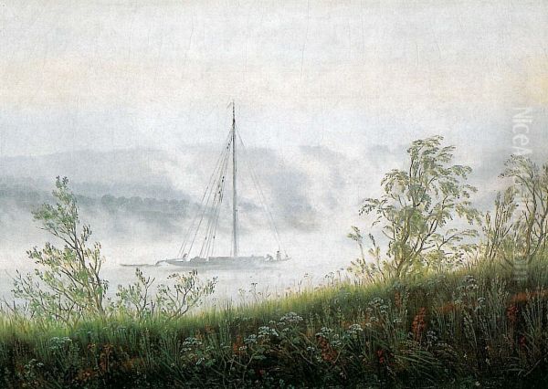 Ship on the River Elbe in the Early Morning Mist - view 1