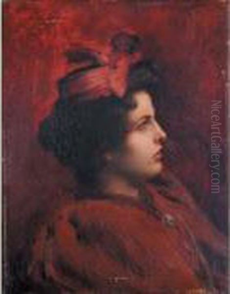 Portait De Jeune Femme Brune En Buste, De Profil, Sur Fond Rouge,
 Avec Des Plumes D'oiseaux Dans Les Cheveux. - view 1