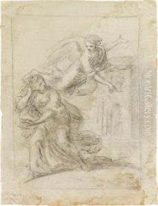 Weibliche Figur Und Fliegender Engel Weibliche Figur Und Fliegender Engel
