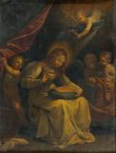 La Vierge Cousant Avec Trois Anges.
