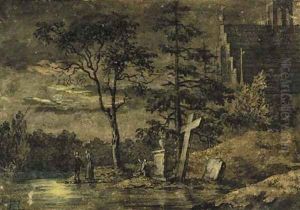Figures contemplating the moon by Caspar David Friedrich