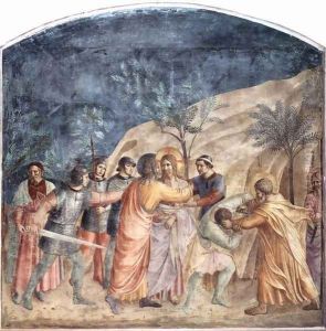 Capture of Christ, Judas Kiss and Peter, the servant Malchus an ear off by Angelico Fra