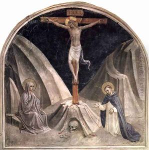 Crucifixion with Mary and St. Dominic, Golgathaberg and skull Adams by Angelico Fra