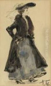 Dame Mit Elegantem Hut Nach Rechts Schreitend by Franz Skarbina