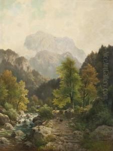 Gebirgslandschaft Mitweidevieh Auf Einem Weg Am Fluss Gebirgslandschaft Mitweidevieh Auf Einem Weg Am Fluss