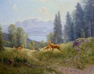 Rotwild Auf Einer Lichtung Mit Blick Auf Den Walchensee