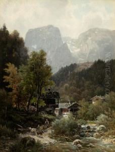 "partie Bei Berchtesgaden" Mit Figurenstaffage by Ludwig Skell