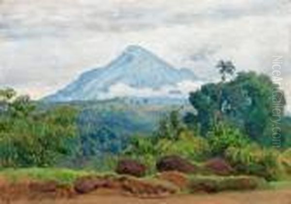 Scenery From Java With Mountains And Palm Trees. Signed Is, 1908, Prigen - view 1