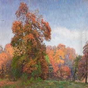 Evening Scenery With Fall Trees And A Rising Full Moon by Niels Skovgaard