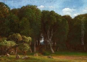 A Standing Deer Between The Trees In Dyrehaven North Of Copenhagen by Peter Christian T. Skovgaard