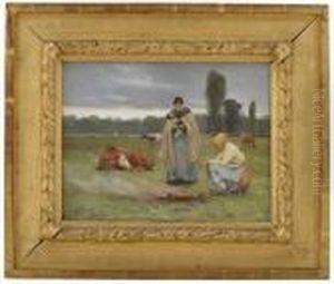 Farming Girls By The Fire In Grez by Christian Eriksen Skredsvig