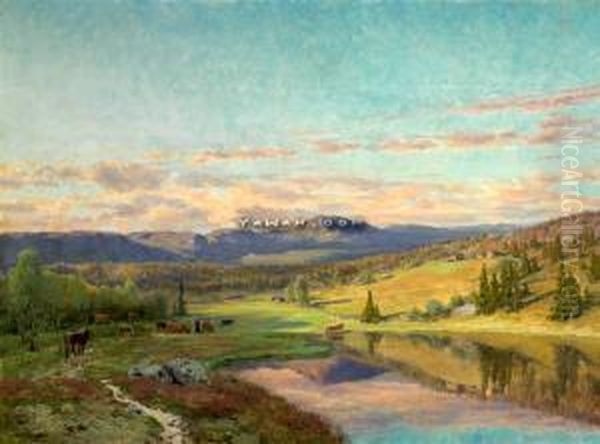 Landskap Med Gjeter Og Kuer 1914 Olje Pa Lerret - view 1