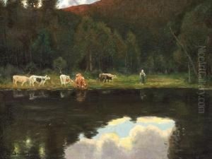 Budeie Med Kyr Ved Skogstjern