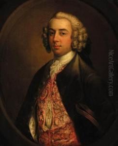 Portrait Of A Gentleman,
Half-length, In A Brown Coat Andembroidered Waistcoat, A Tricorn Under
His Arm, In A Feignedoval by Stephen Slaughter