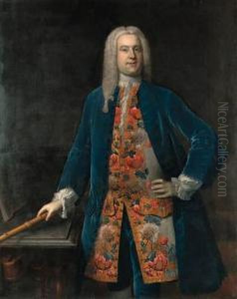 Portrait Of A Gentleman,
Traditionally Identified As Georgefrederick Handel,
Three-quarter-length, In A Blue Velvet Coat Andan Elaborately
Embroidered Waistcoat, Holding A Flute, In Aninterior - view 1