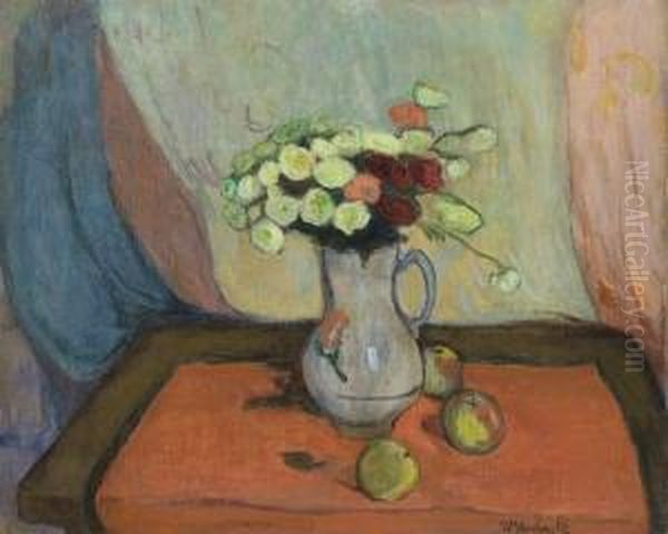 Vase De Fleurs Avec Trois Pommes - view 1