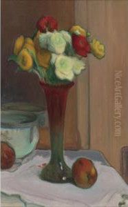 Vase De Fleurs, Pot Et Pommes by Wladyslaw Slewinski