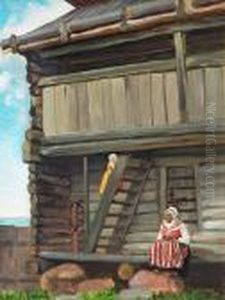 Girl And Woman By A Norwegian Cottage. Signed Agnes Slott-moller by Agnes Slott-Mrller