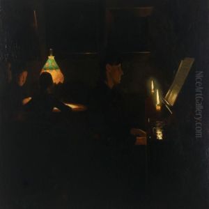 Interior With A Young Woman Playing Piano In The Light Ofcandles by Harald Slott-Moller
