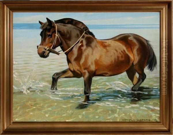 A Pony Trots In The Water. Signed Harald Slott-moller - view 1