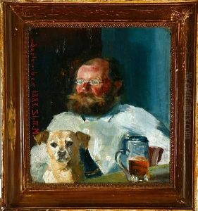 An Elderly Gentleman Is Drinking Beer With His Dog