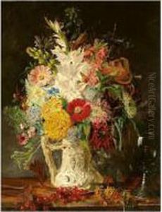 Vase Of Flowers With Self Portrait by Frederick Smallfield, A.R.W.S.
