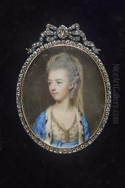 A Peeress, Wearing 'turkish'
Style Dress, Pearl-trimmed White Dress Embroidered With Gold,
Ermine-trimmed Turquoise Robes, Matching Tied Waist-sash And Veil In Her
Upswept And Curled Powdered Hair - view 1