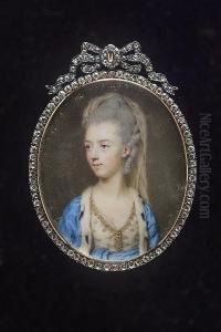 A Peeress, Wearing 'turkish' 
Style Dress, Pearl-trimmed White Dress Embroidered With Gold, 
Ermine-trimmed Turquoise Robes, Matching Tied Waist-sash And Veil In Her
 Upswept And Curled Powdered Hair