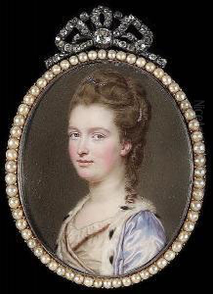 A Peeress, Wearing
Ermine-trimmed Mauve Satin Robe Over White Dress, A Jewelled Clip And
Strand Of Pearls In Her Brown Hair, Upswept And With A Curl Falling Over
Her Left Shoulder - view 1