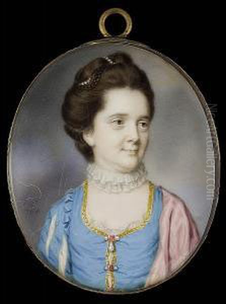 A Lady, Wearing Gold Trimmed
Blue Dress With Pearl And Ruby Fastenings And Sleeves Slashed To Reveal
White, White Lace Underslip, Pink Cloak Over Her Left Shoulder, White
Lace Ruff And Strand Of Pearls In Her Upswept Hair - view 1