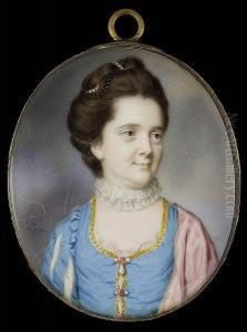 A Lady, Wearing Gold Trimmed 
Blue Dress With Pearl And Ruby Fastenings And Sleeves Slashed To Reveal 
White, White Lace Underslip, Pink Cloak Over Her Left Shoulder, White 
Lace Ruff And Strand Of Pearls In Her Upswept Hair
