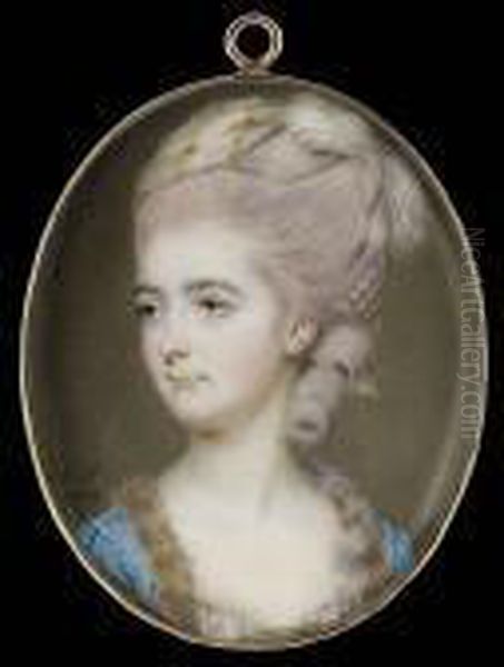 A Lady, Wearing White Dress With
Pink Stripes And Floral Motif, Fur-trimmed Blue Gown With Pearl Strands
Across The Shoulders And White Scarf Striped With Gold And White
Ostrich Feathers In Her Upswept And Curled Powdered Hair - view 1