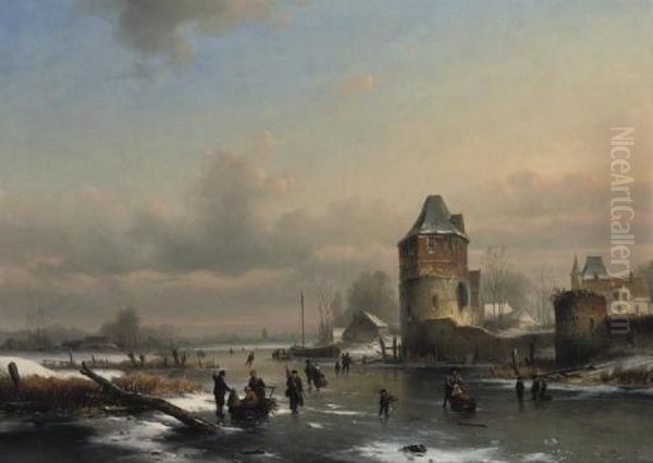 A Winter Landscape With Many Figures On A Frozen Waterway - view 1