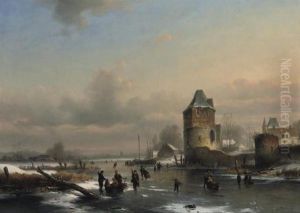 A Winter Landscape With Many Figures On A Frozen Waterway