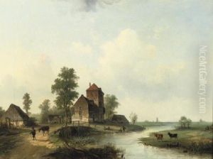 A Polder Landscape With Figures By A Bridge